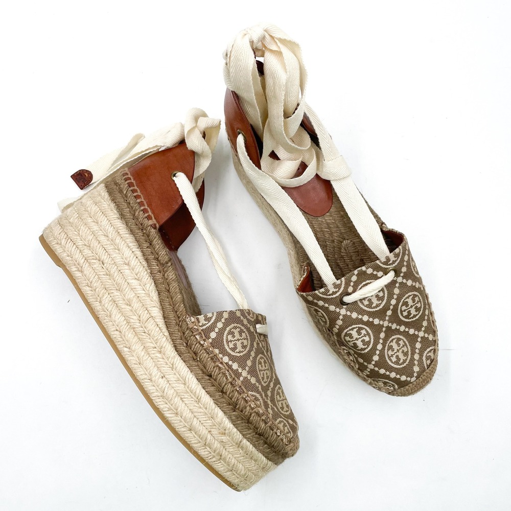 Tory Burch Beige Brown Logo Espadrille Platform Wedges with Cream Ties